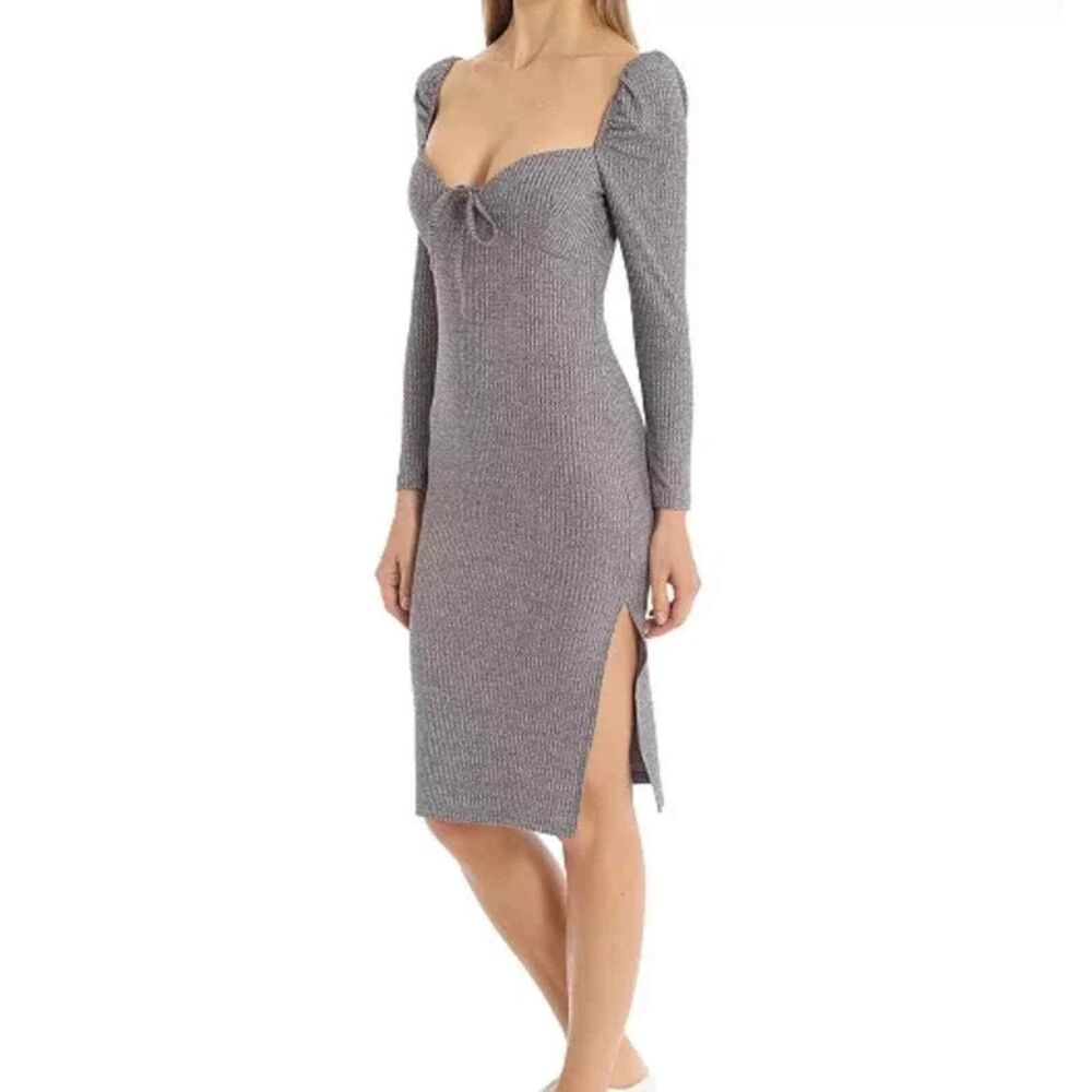 AVEC LES FILLES Ribbed Knit Knee Length Dress Gray‎ Small